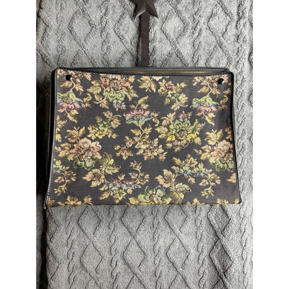 Vintage 60s Tapestry Floral All Over Woven Zipped Suitcase Luggage 14 By 11 Inch